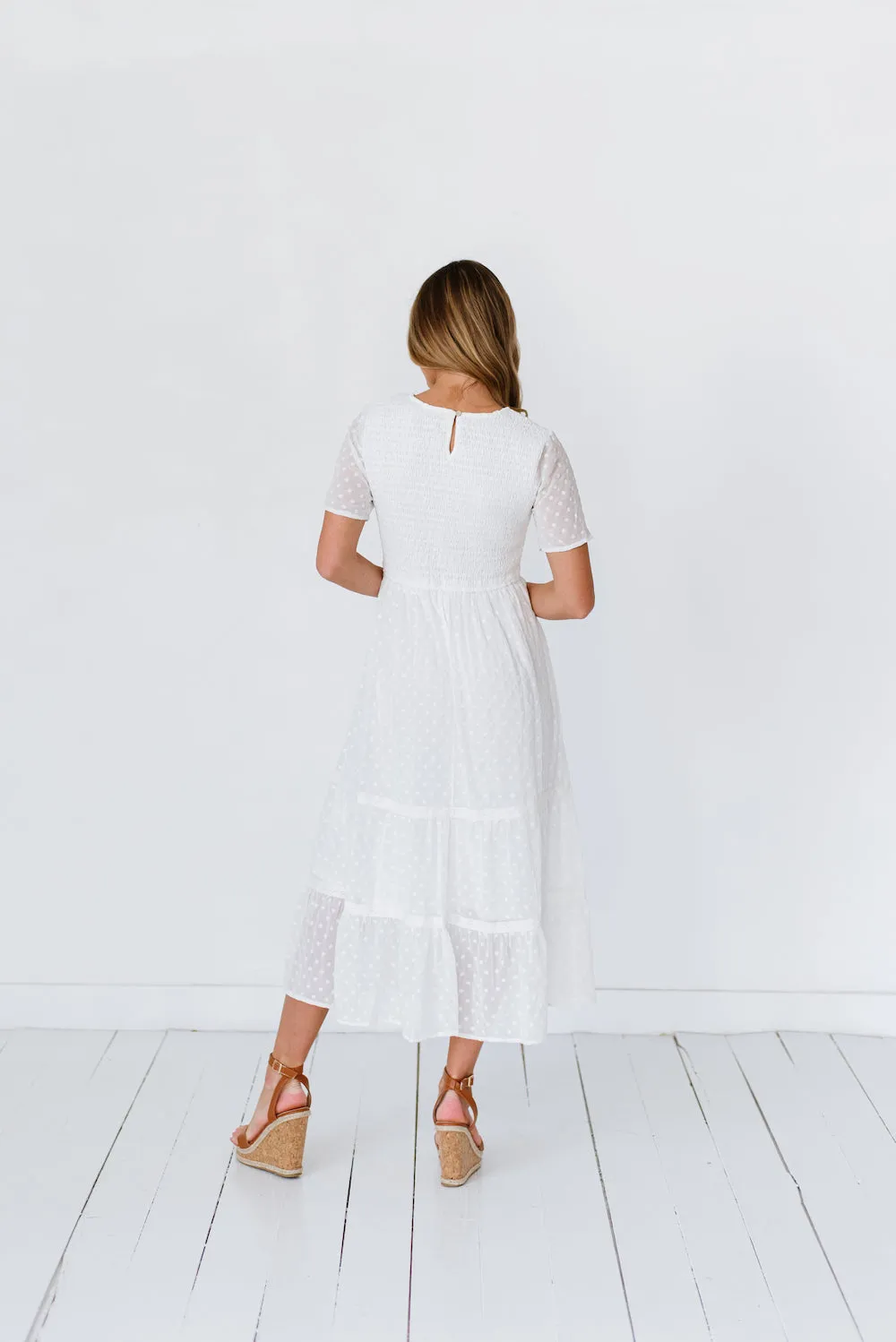 Isla Dot White Midi Dress