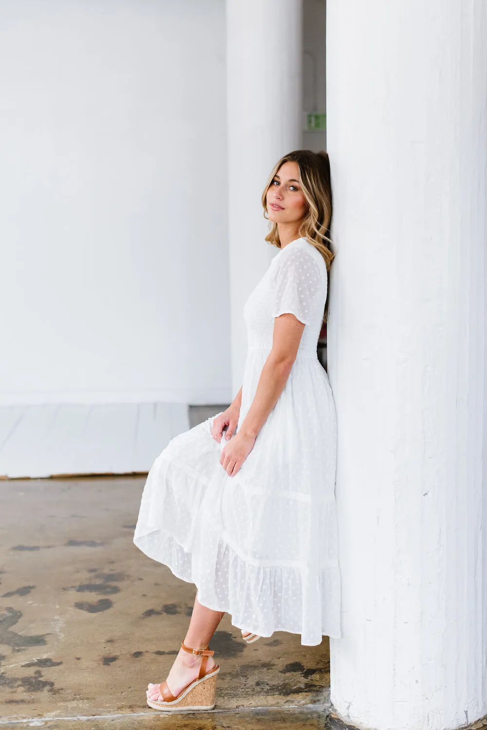 Isla Dot White Midi Dress