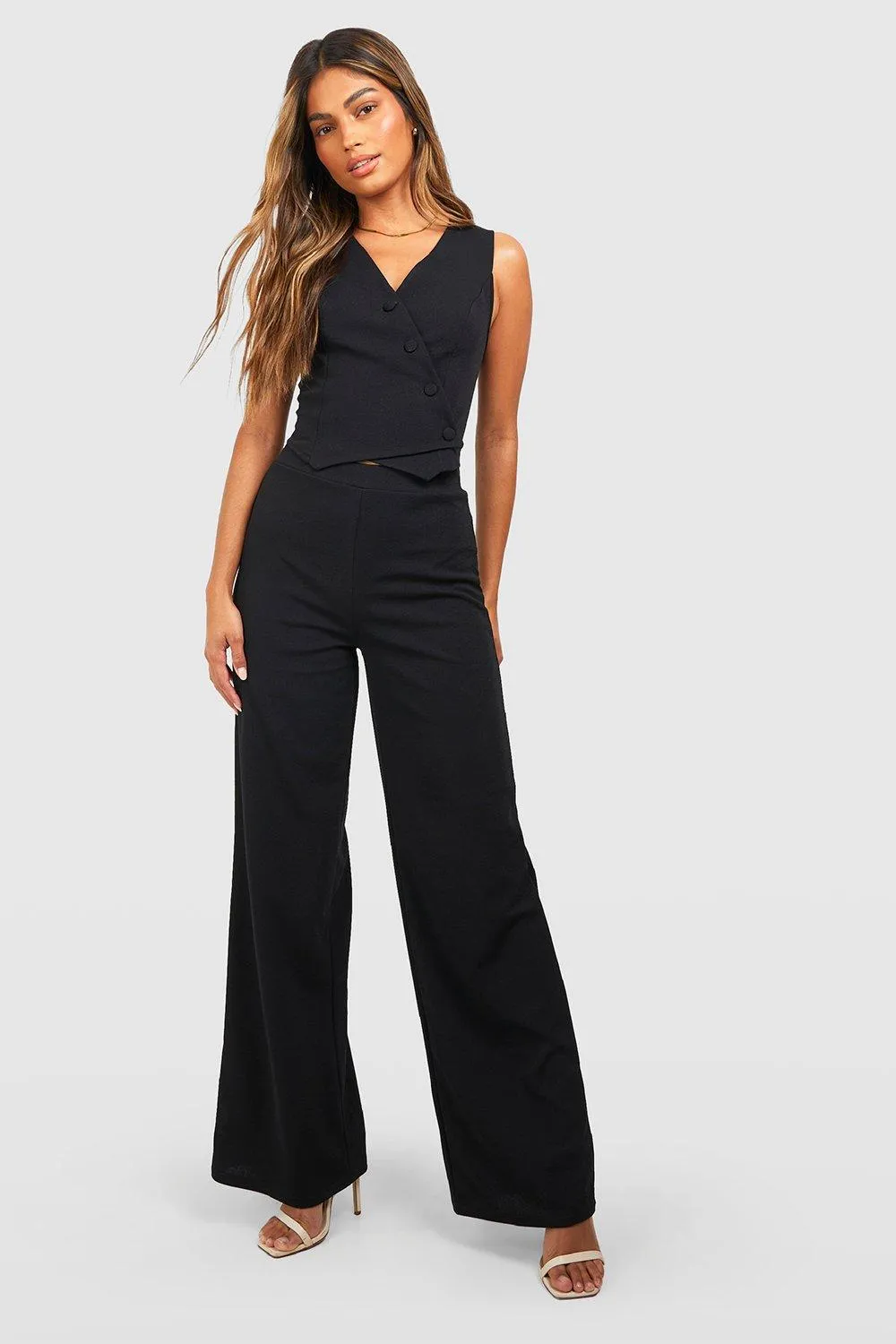 Jersey Knit Crepe Asymmetric Vest & Wide Leg Pants