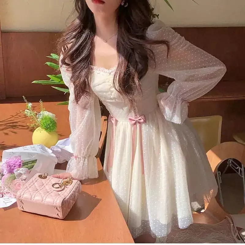 Kawaii Elegant Princess Sweet Dot Long Sleeve Vintage Fairy Dress MK16956