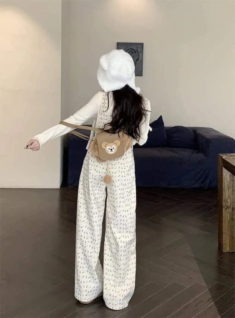 kumikumi design corduroy floral overalls wide leg pants for women winter apricot straight pants wide leg pants