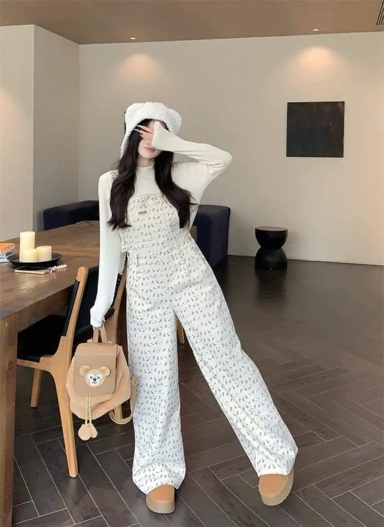 kumikumi design corduroy floral overalls wide leg pants for women winter apricot straight pants wide leg pants