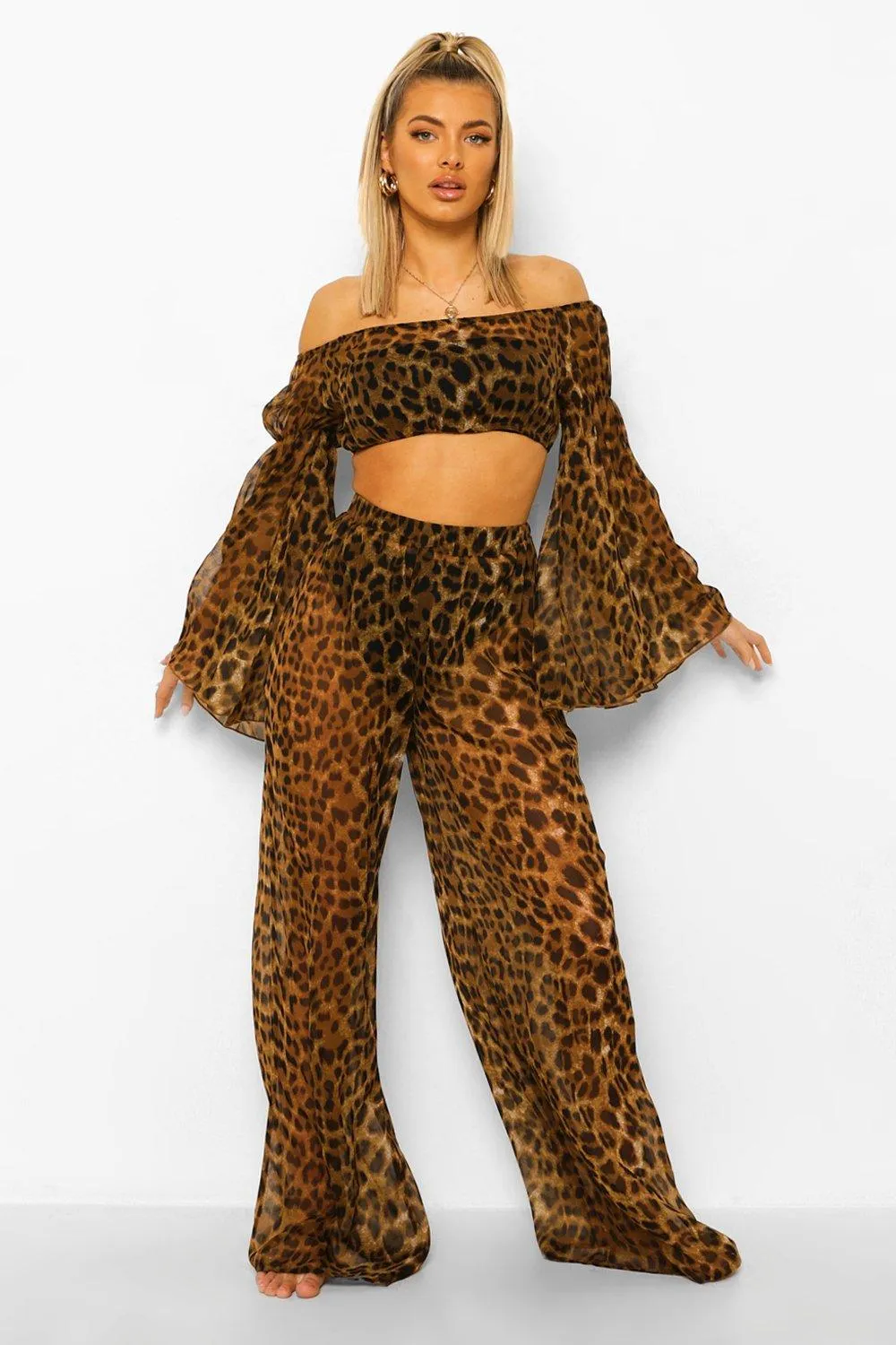 Leopard Chiffon Wide Leg Beach Pants