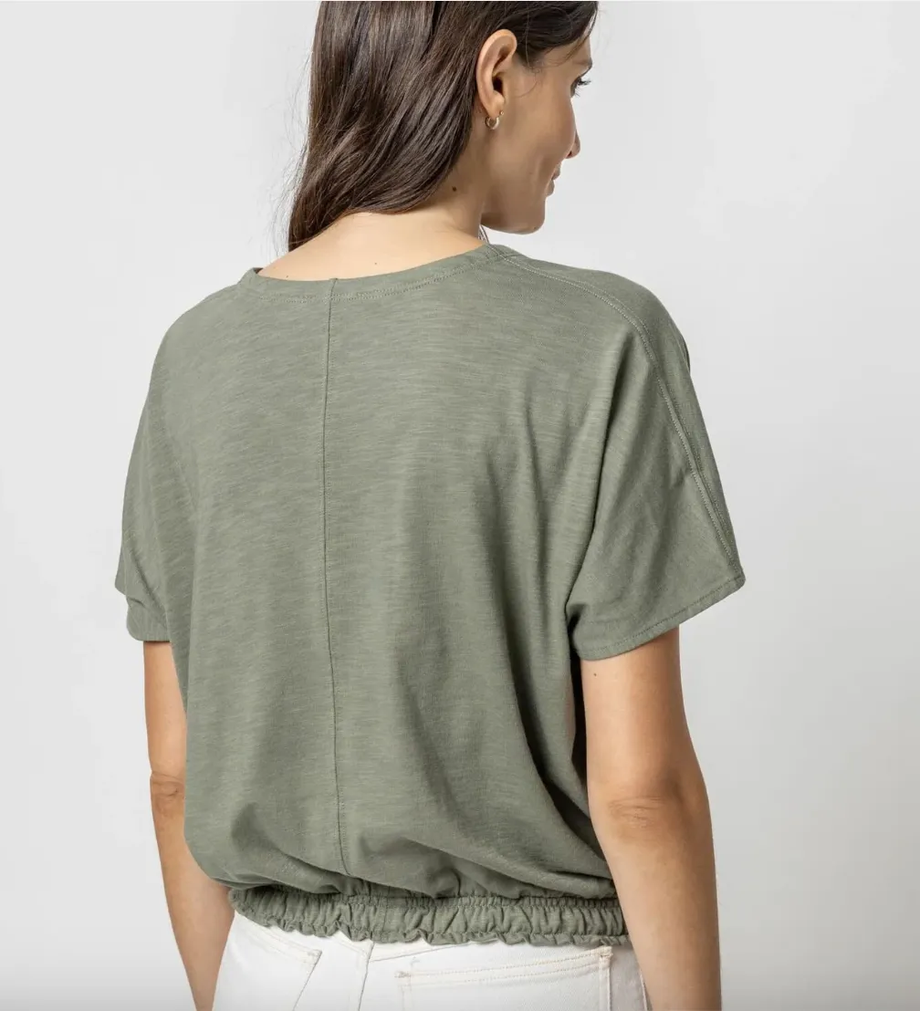 LILLA P Elastic Hem V-Neck Dolman Cap Sleeve Cotton Tee