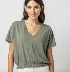 LILLA P Elastic Hem V-Neck Dolman Cap Sleeve Cotton Tee