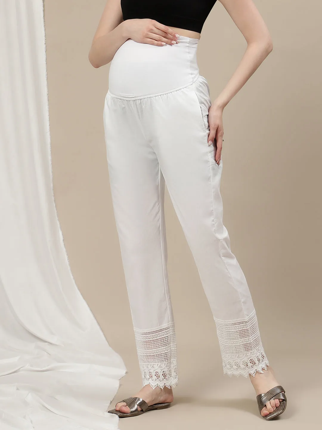 Maternity Wide-Leg Pants with Lace - White