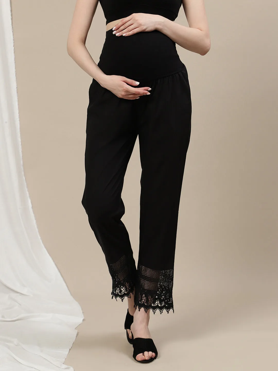 Maternity Wide-Leg Pants with Lace - White