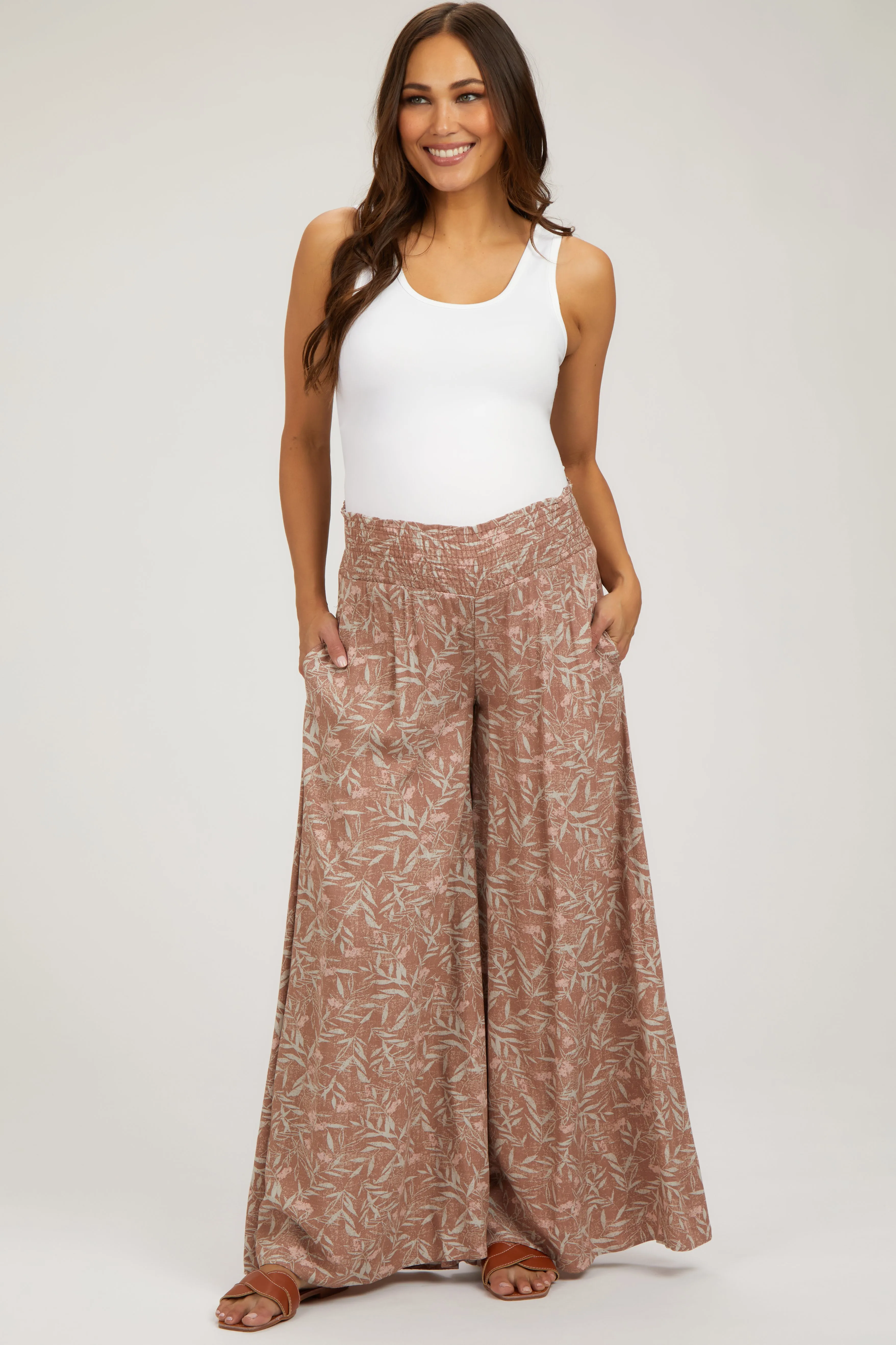 Mauve Floral Smocked Wide Leg Maternity Pants