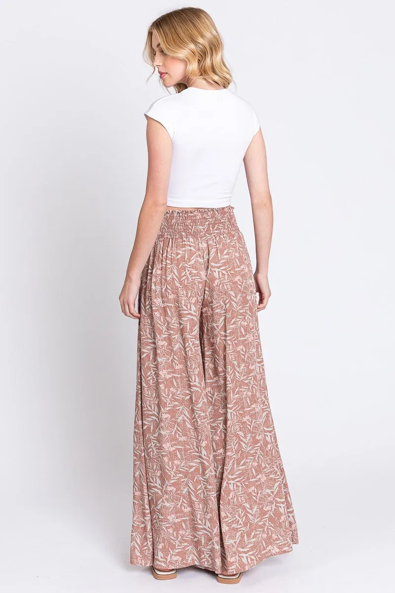 Mauve Floral Smocked Wide Leg Pants