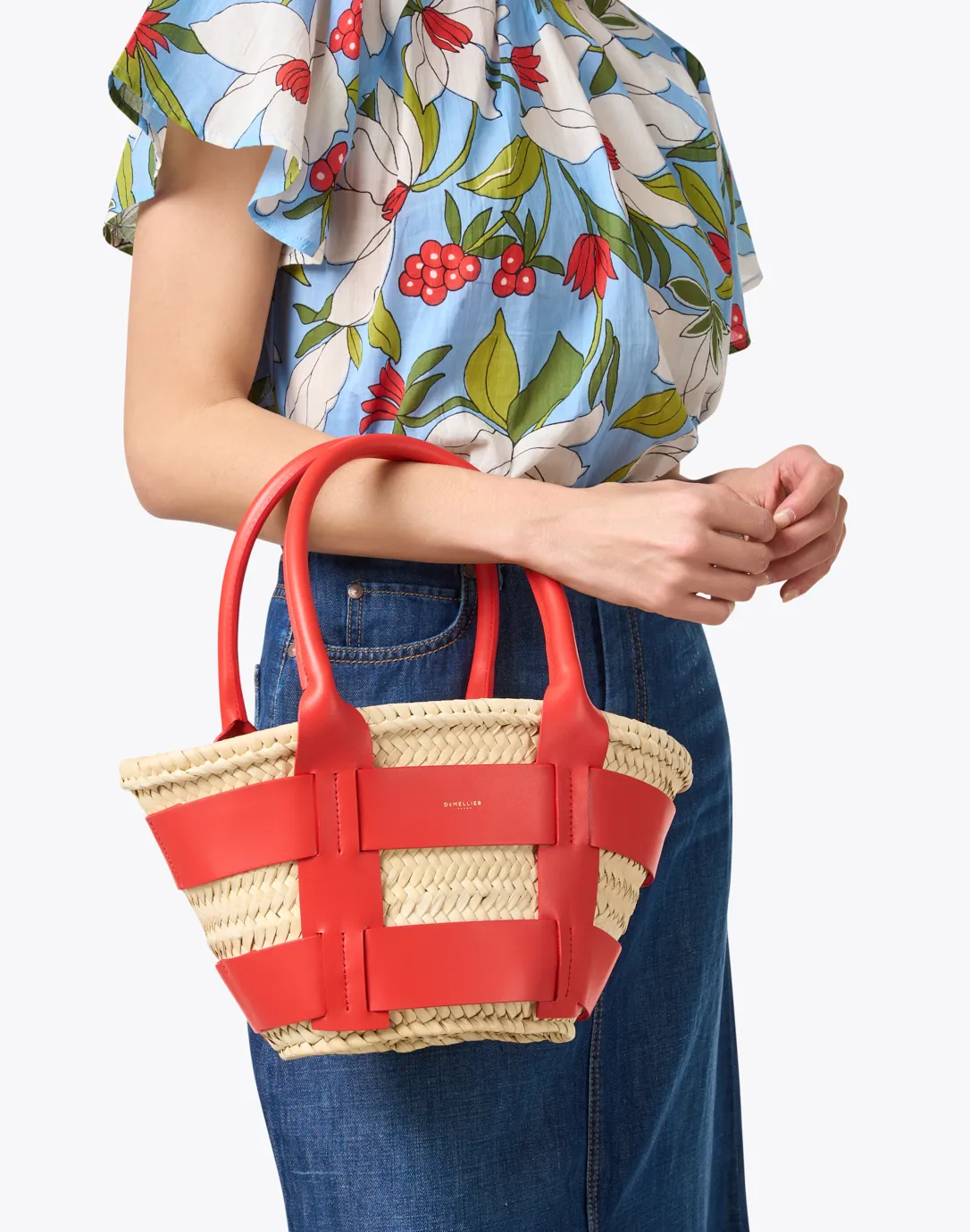 Mini Santorini Red Leather and Raffia Tote Bag