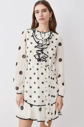 Mixed Dot Piped Ruffle Belted Mini Dress | Karen Millen