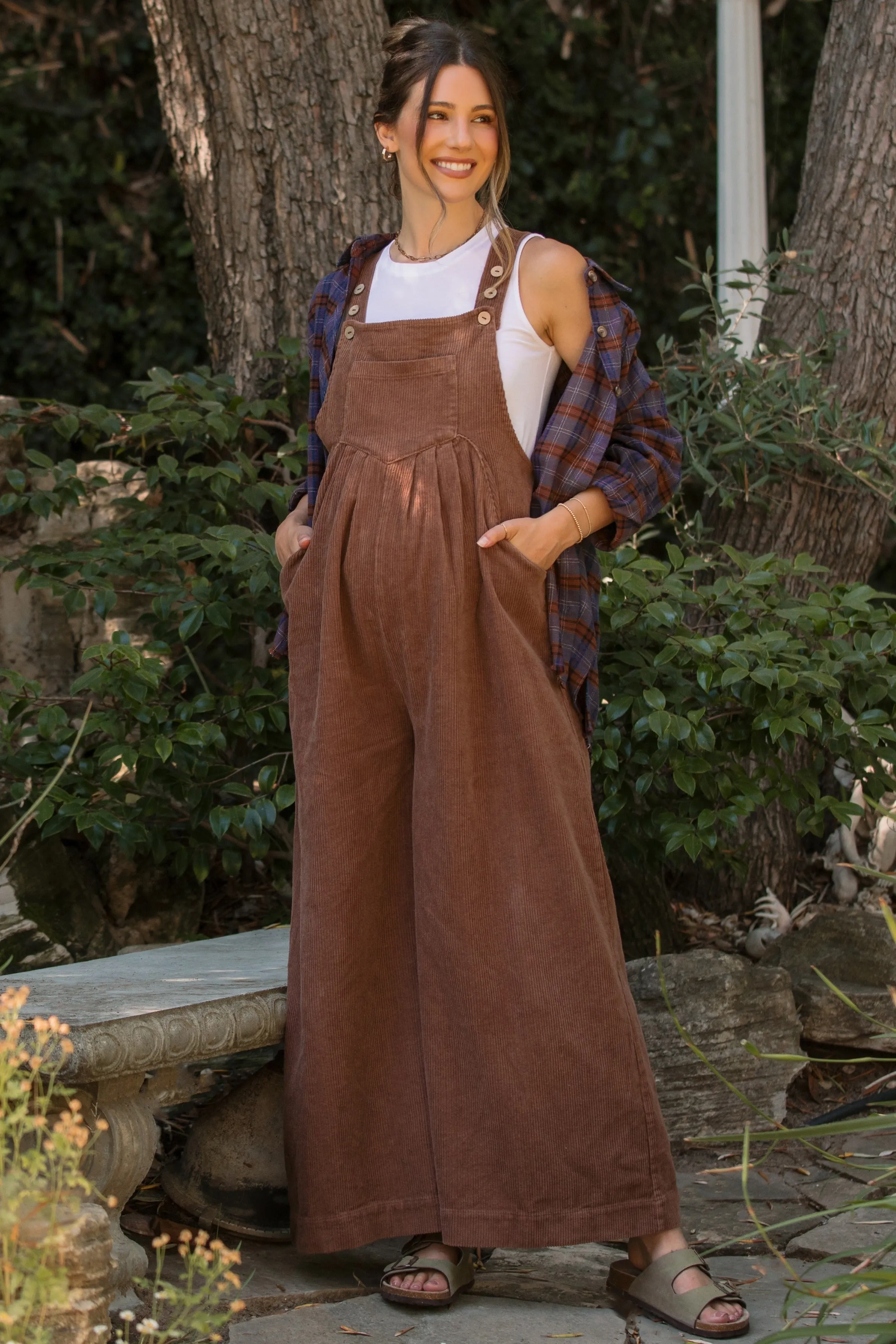 Mocha Corduroy Front Pleated Wide Leg Maternity Overalls