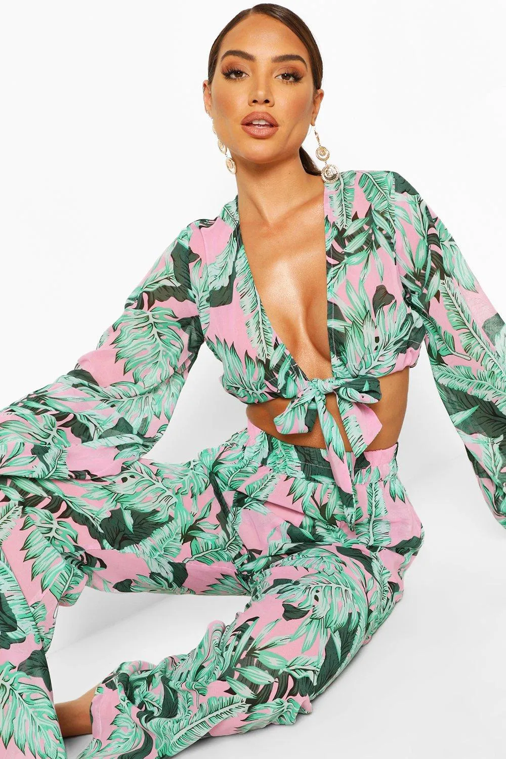 Palm Print Crop & Wide Leg Pants Two-Piece