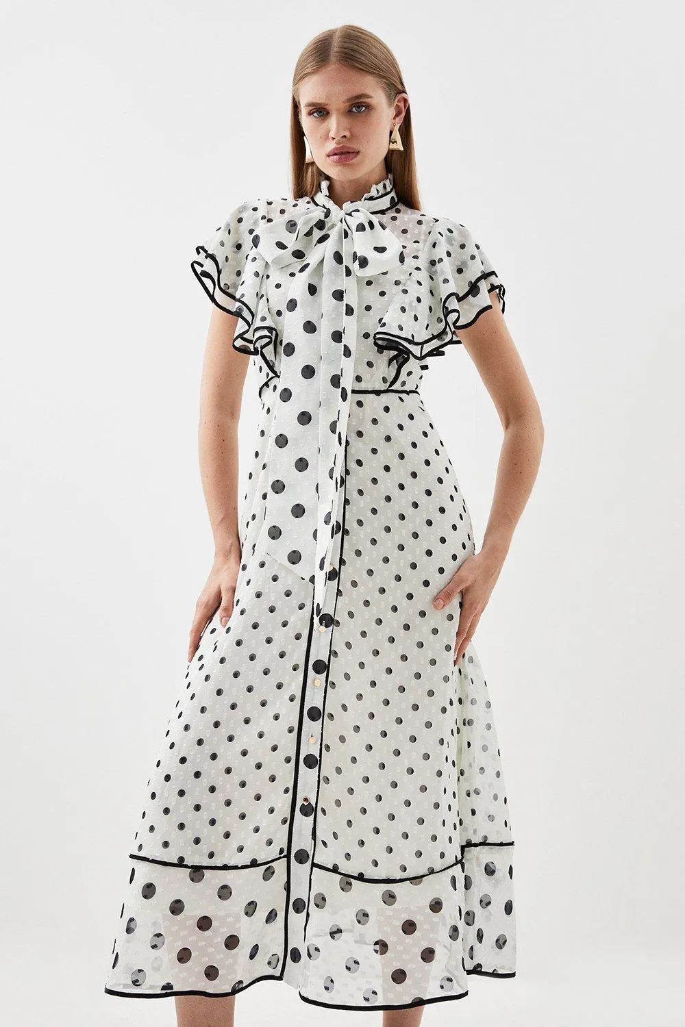 Petite Mixed Dot Ruffle Georgette Midi Dress | Karen Millen