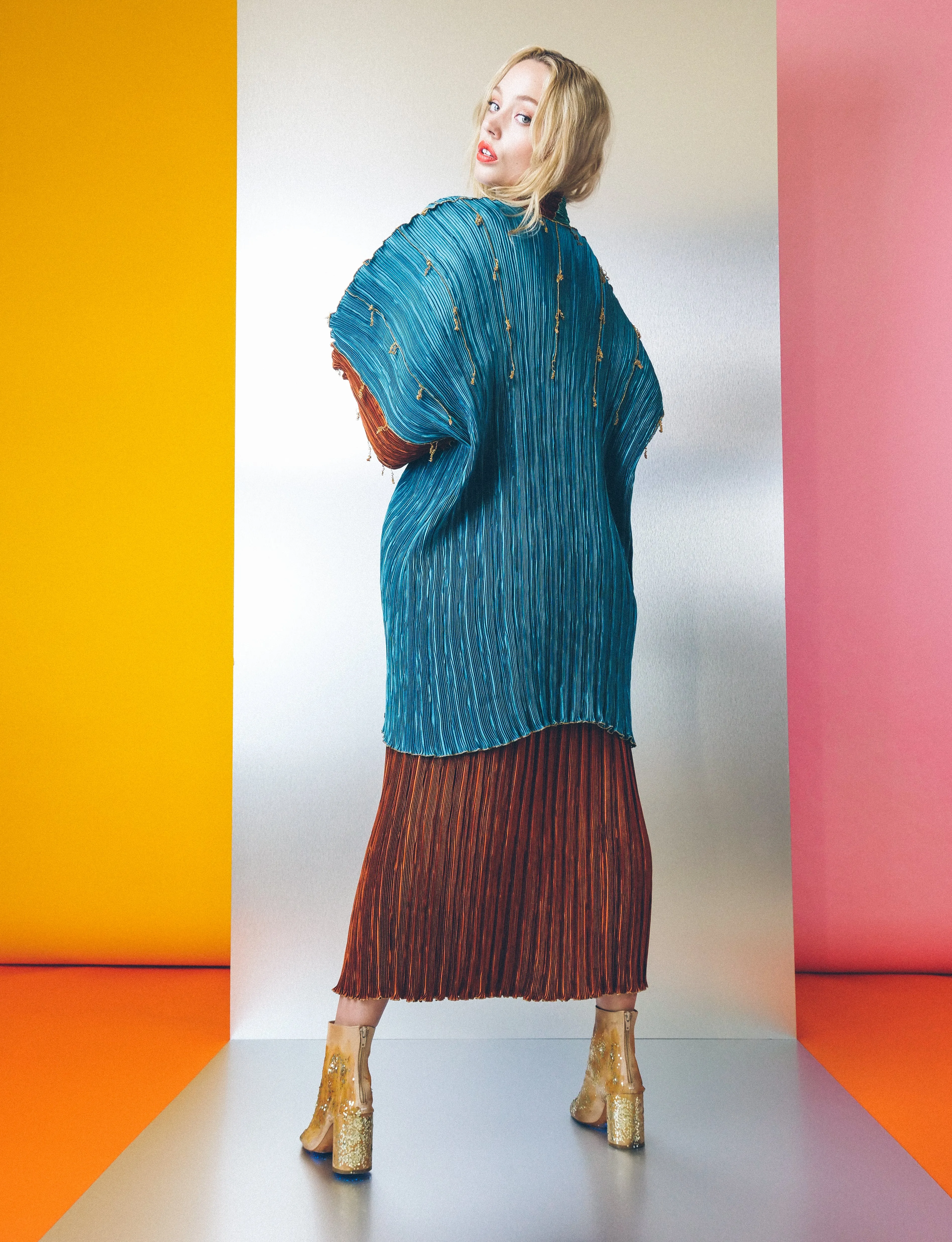 Pleated Structural Jacket and Skirt Ensemble