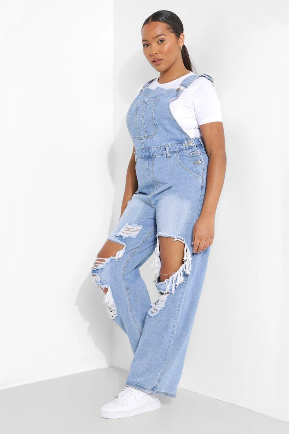 Plus Distressed Boyfriend Overalls