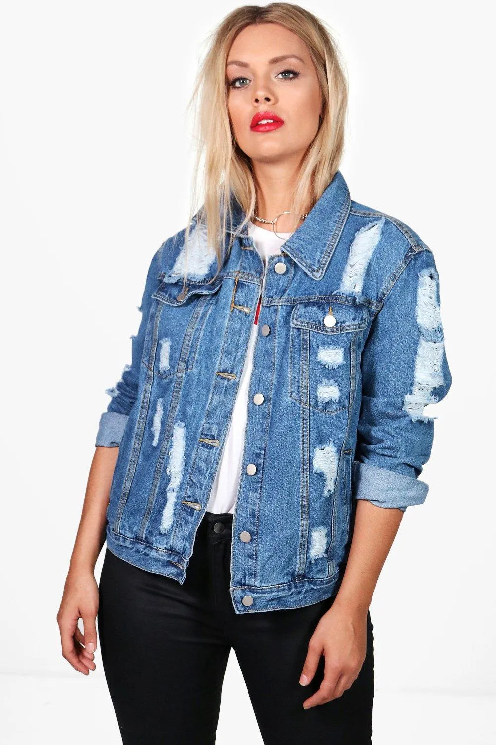 Plus Eve Oversized Super Distressed Denim Jacket