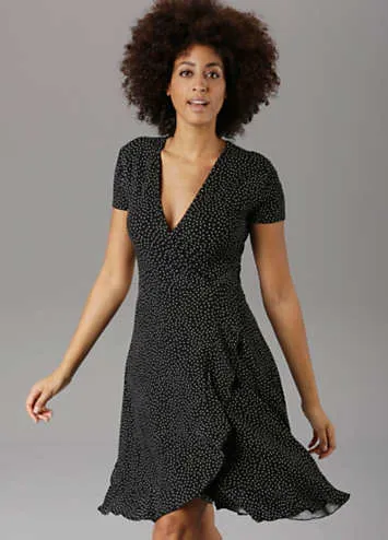 Polka-Dot Wrap Effect Ruffle Detailed V-Neck Dress by Aniston | Look Again