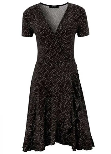 Polka-Dot Wrap Effect Ruffle Detailed V-Neck Dress by Aniston | Look Again