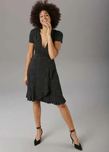 Polka-Dot Wrap Effect Ruffle Detailed V-Neck Dress by Aniston | Look Again