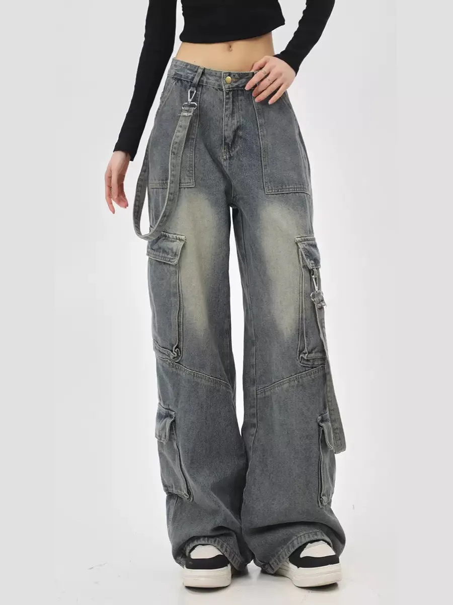 Retro high-waisted straight workwear wide-leg loose jeans women's autumn and winter pants American high street 2023 overalls