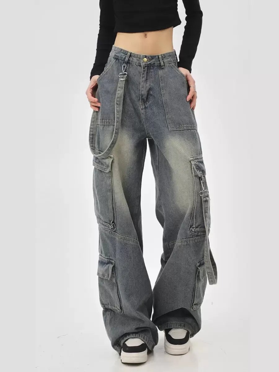 Retro high-waisted straight workwear wide-leg loose jeans women's autumn and winter pants American high street 2023 overalls