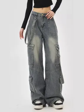 Retro high-waisted straight workwear wide-leg loose jeans women's autumn and winter pants American high street 2023 overalls