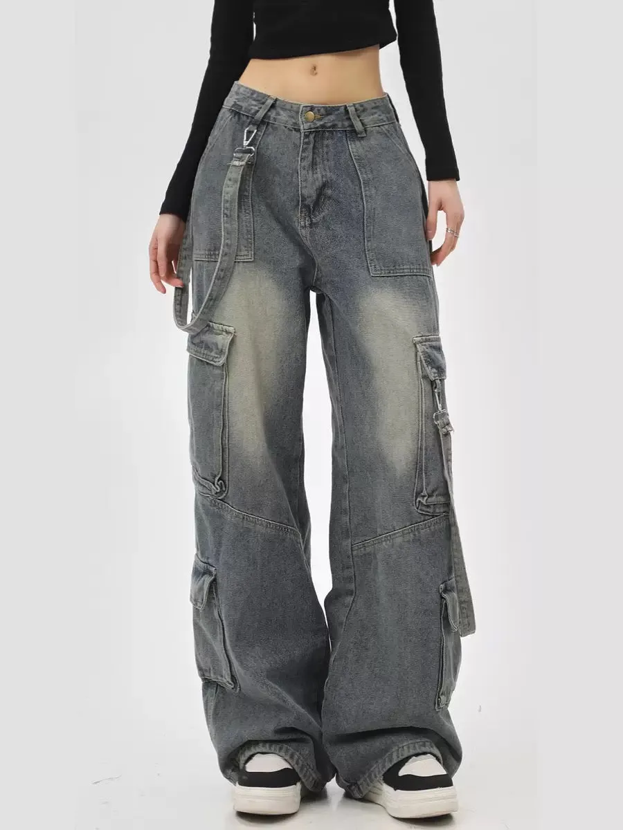 Retro high-waisted straight workwear wide-leg loose jeans women's autumn and winter pants American high street 2023 overalls