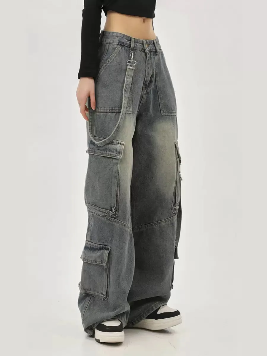 Retro high-waisted straight workwear wide-leg loose jeans women's autumn and winter pants American high street 2023 overalls