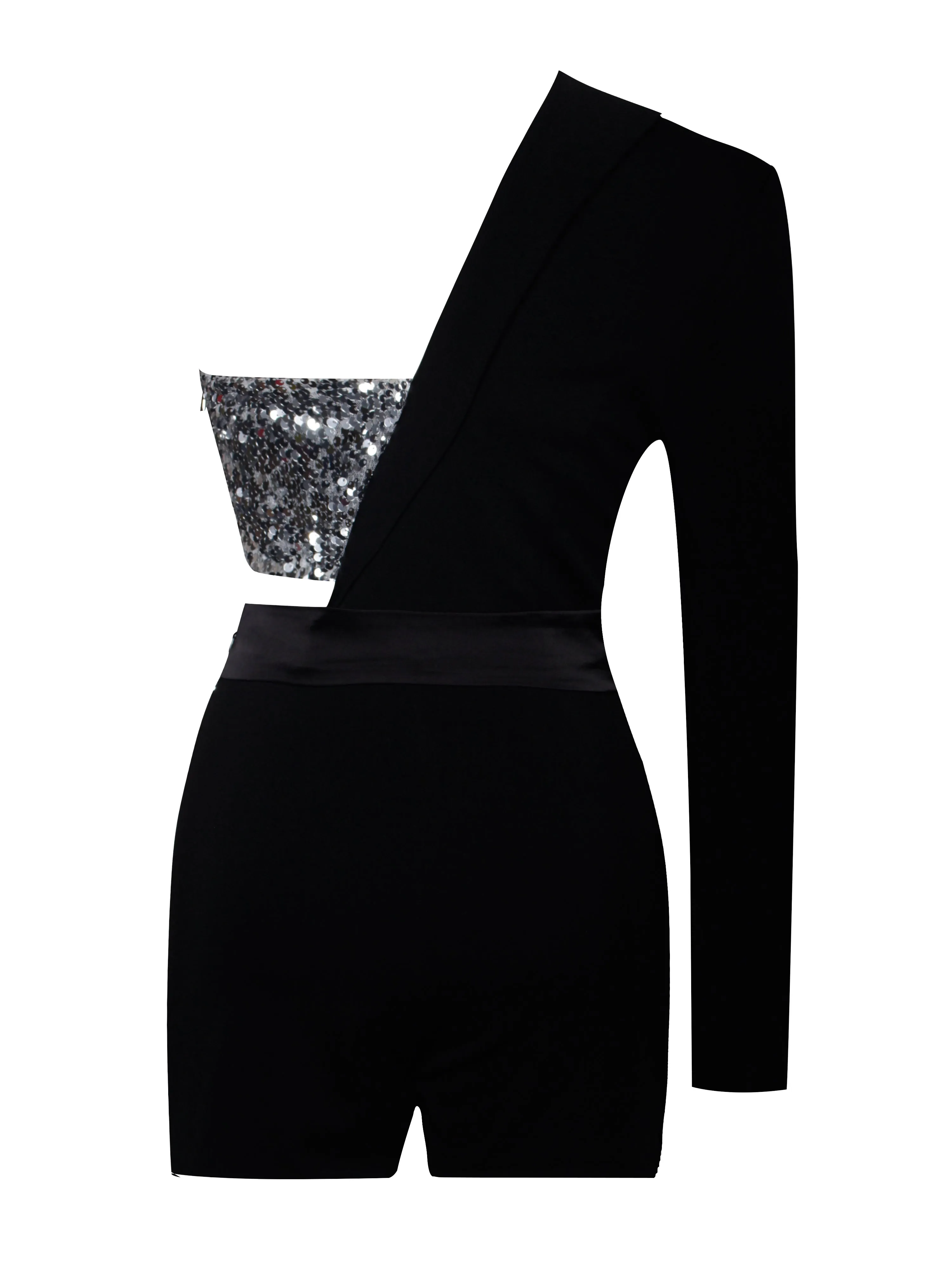 Skylynn Sequin Black One Sleeve Blazer Romper