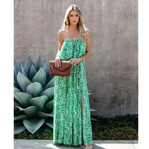 Slit Dress Sundress Boho Dress Vacation Bohemian Beach Strapless Slit Sleeveless Leaf Maxi Long Dress Travel Beach