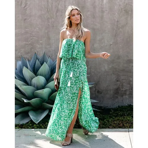 Slit Dress Sundress Boho Dress Vacation Bohemian Beach Strapless Slit Sleeveless Leaf Maxi Long Dress Travel Beach