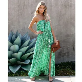 Slit Dress Sundress Boho Dress Vacation Bohemian Beach Strapless Slit Sleeveless Leaf Maxi Long Dress Travel Beach