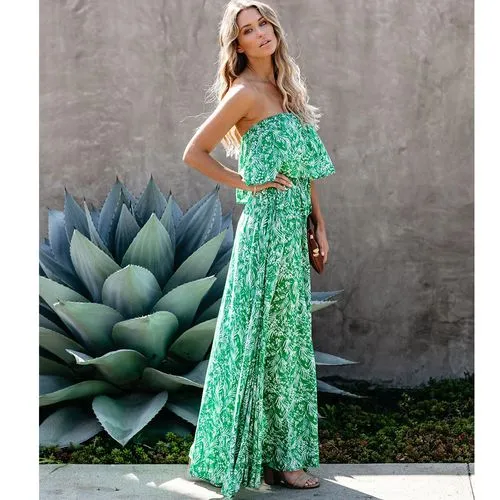 Slit Dress Sundress Boho Dress Vacation Bohemian Beach Strapless Slit Sleeveless Leaf Maxi Long Dress Travel Beach