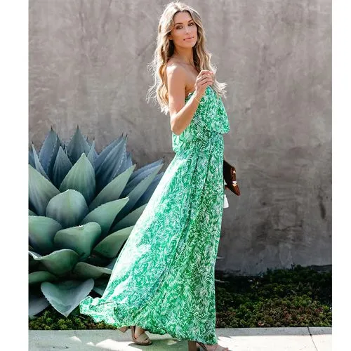 Slit Dress Sundress Boho Dress Vacation Bohemian Beach Strapless Slit Sleeveless Leaf Maxi Long Dress Travel Beach