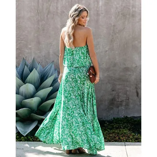 Slit Dress Sundress Boho Dress Vacation Bohemian Beach Strapless Slit Sleeveless Leaf Maxi Long Dress Travel Beach