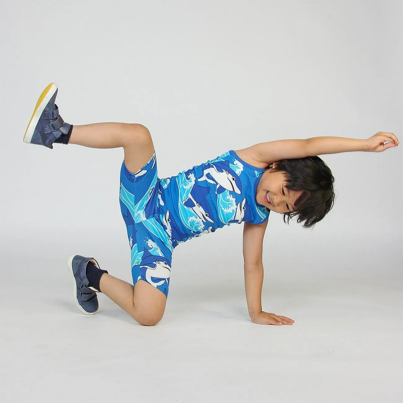 Smfolk Brilliant Blue Tank top and cycling shorts with sharks