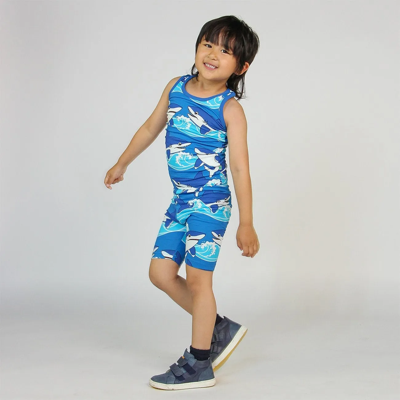 Smfolk Brilliant Blue Tank top and cycling shorts with sharks