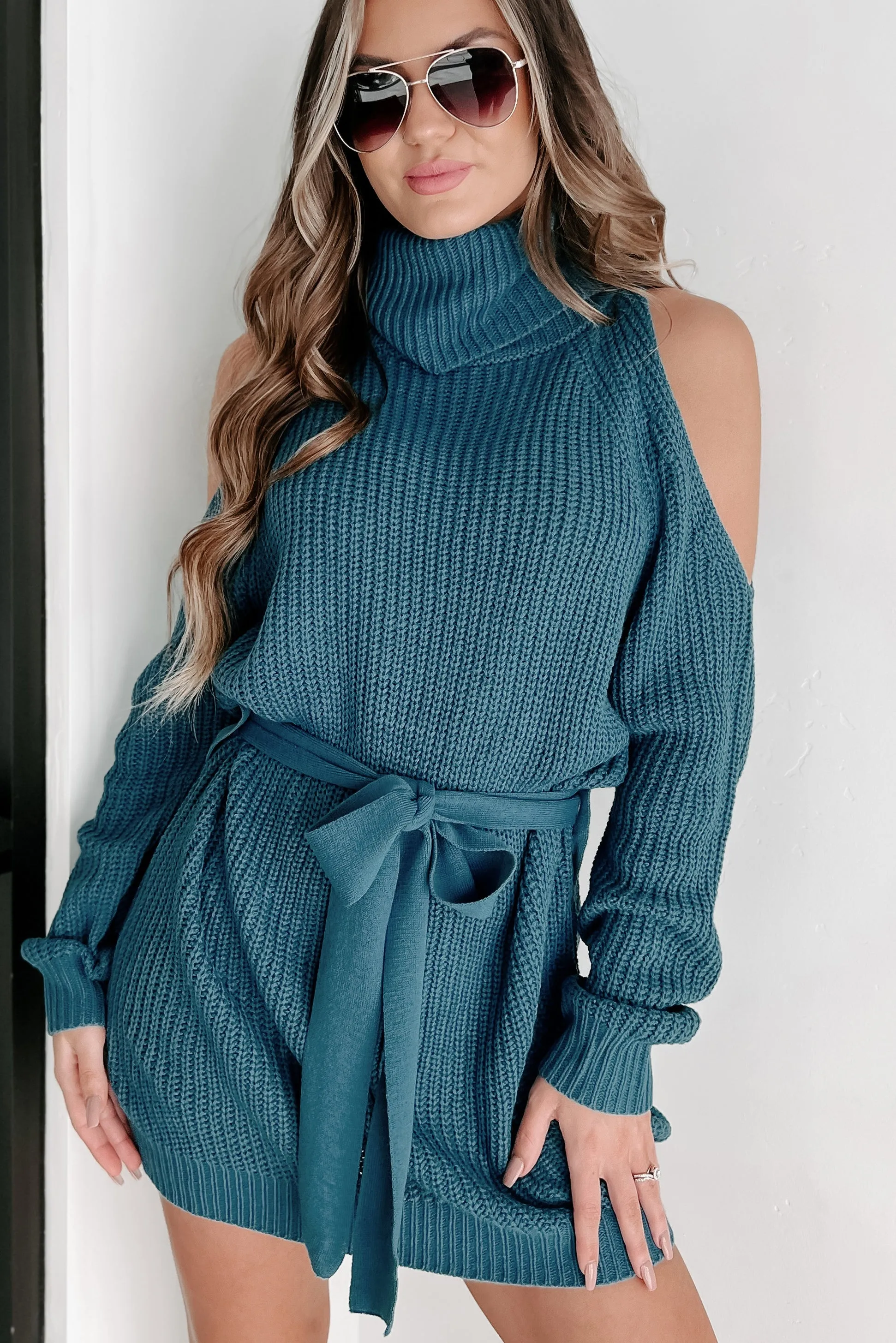 Taking Over My Time Cold Shoulder Sweater Dress (Teal)