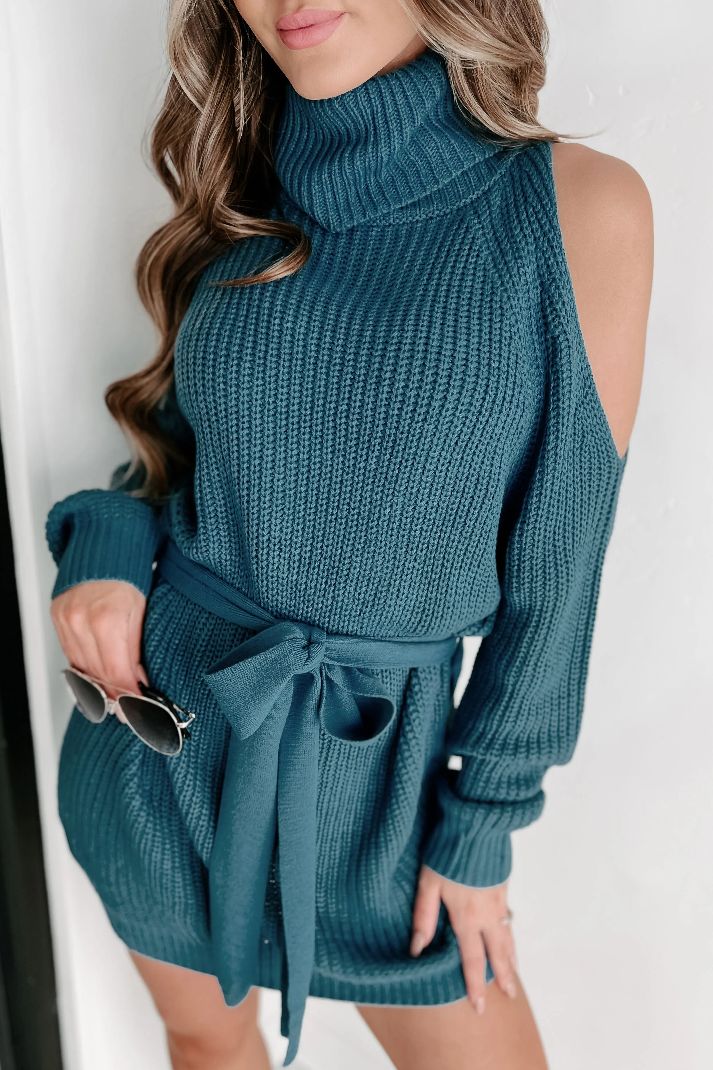 Taking Over My Time Cold Shoulder Sweater Dress (Teal)