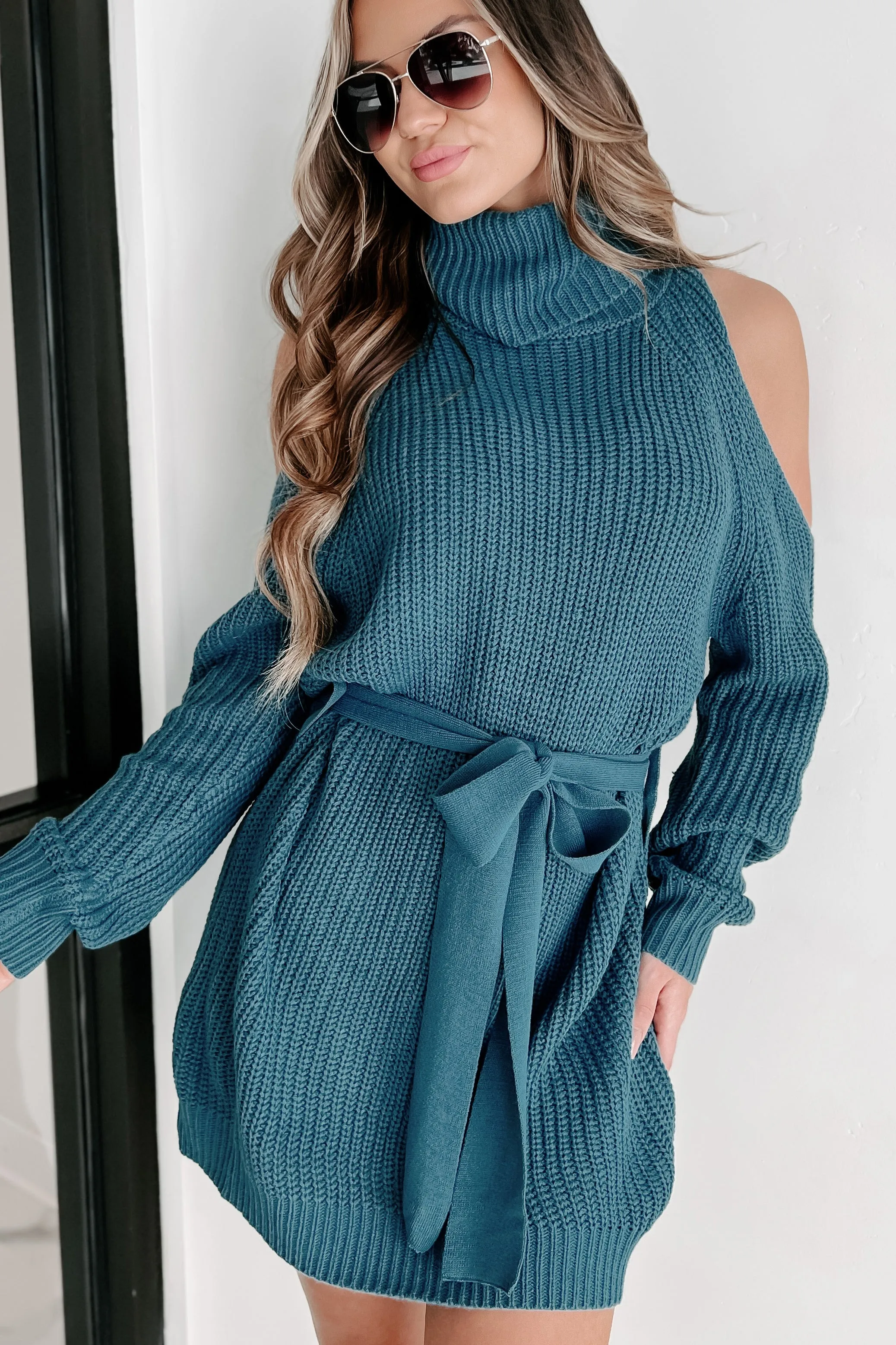 Taking Over My Time Cold Shoulder Sweater Dress (Teal)