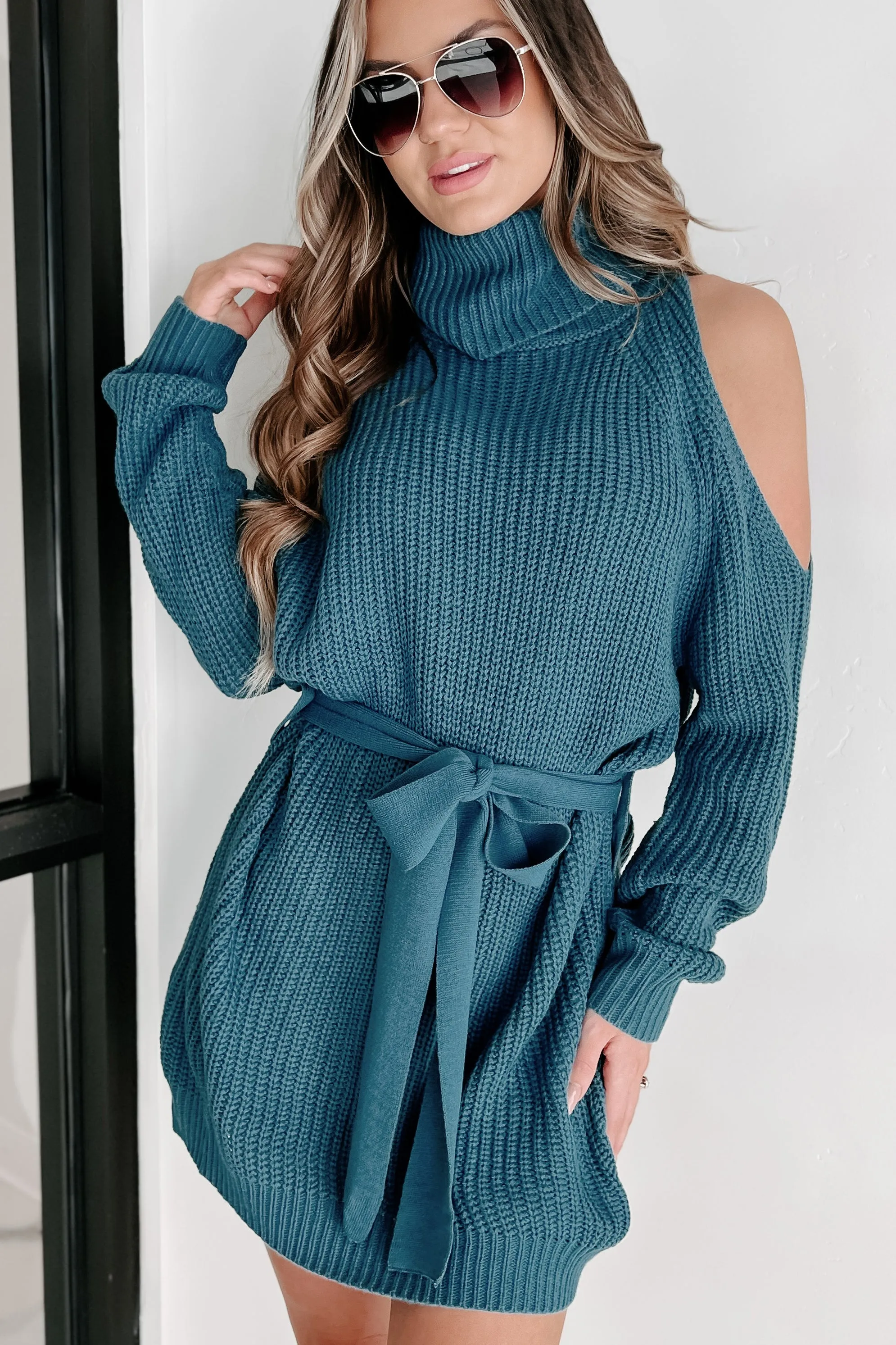 Taking Over My Time Cold Shoulder Sweater Dress (Teal)