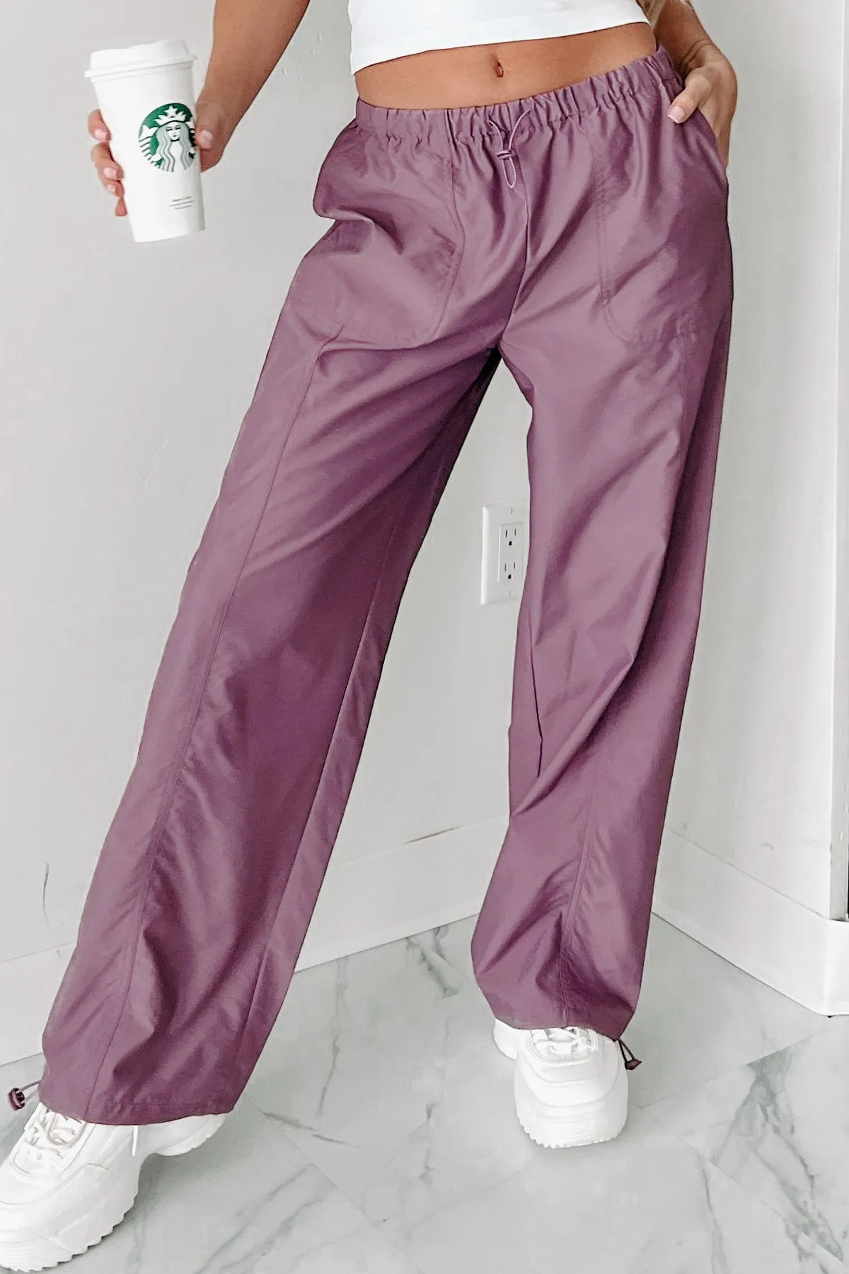 Taking Time Wide Leg Drawstring Cargo Pants (Purple)