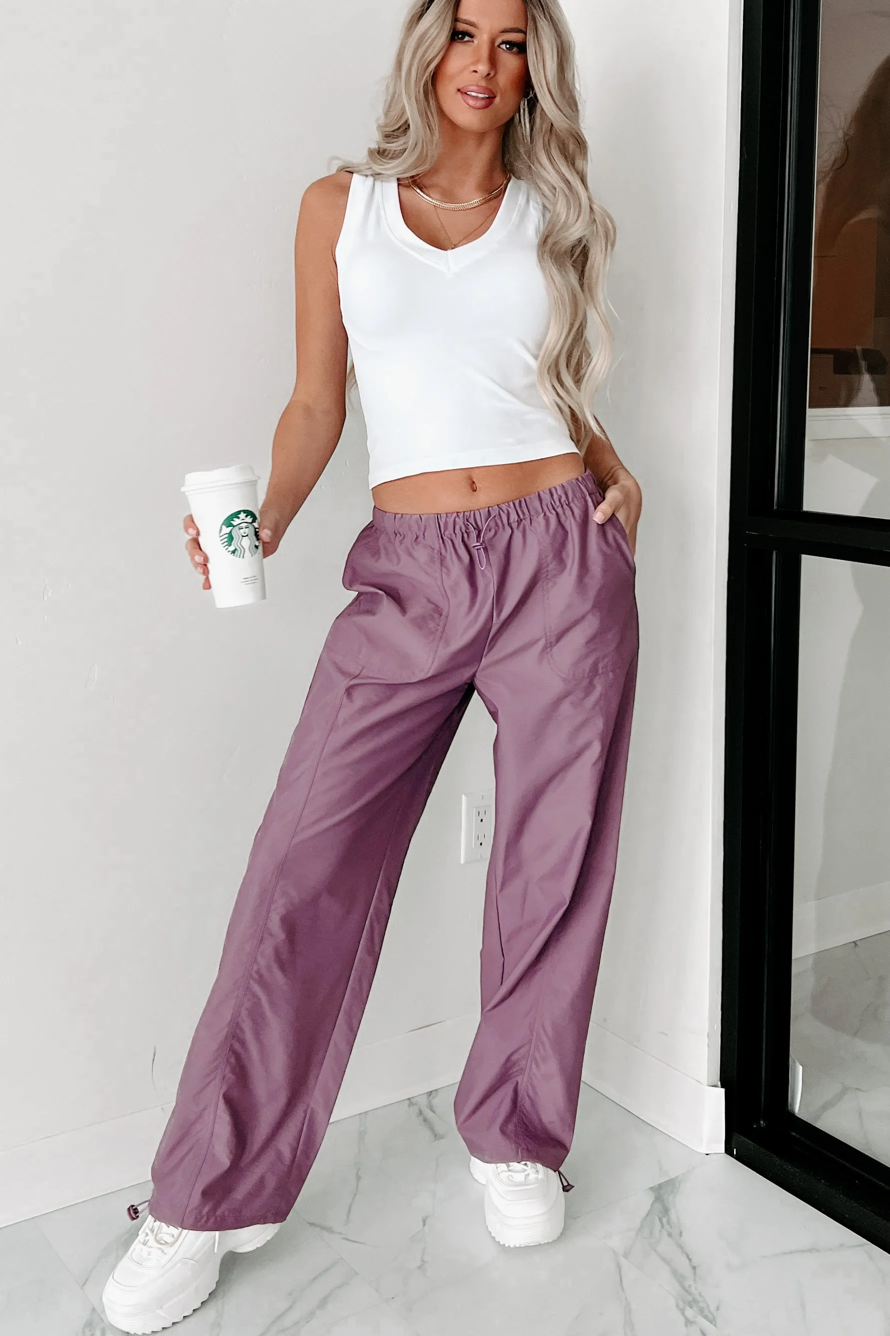 Taking Time Wide Leg Drawstring Cargo Pants (Purple)