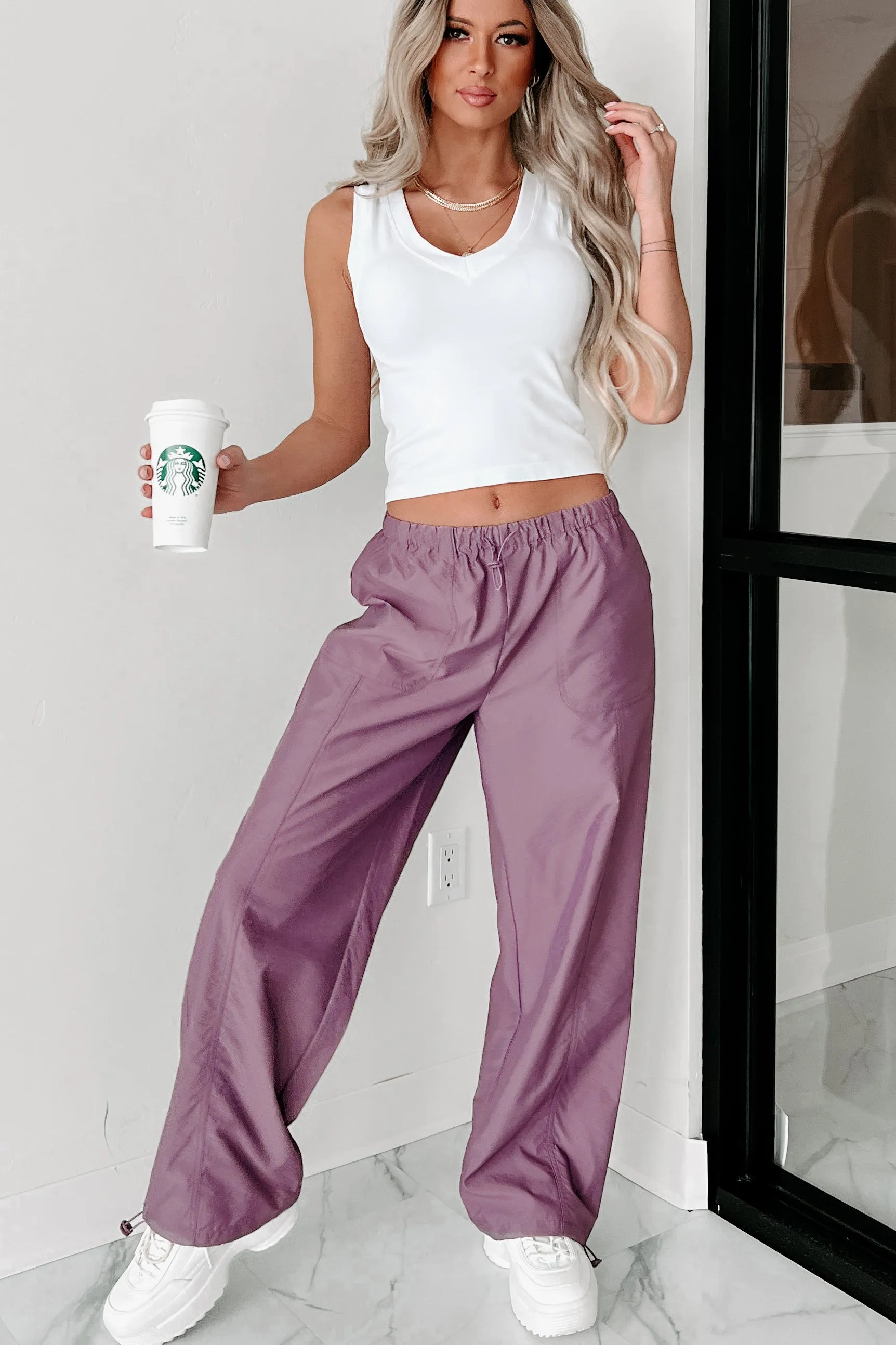 Taking Time Wide Leg Drawstring Cargo Pants (Purple)