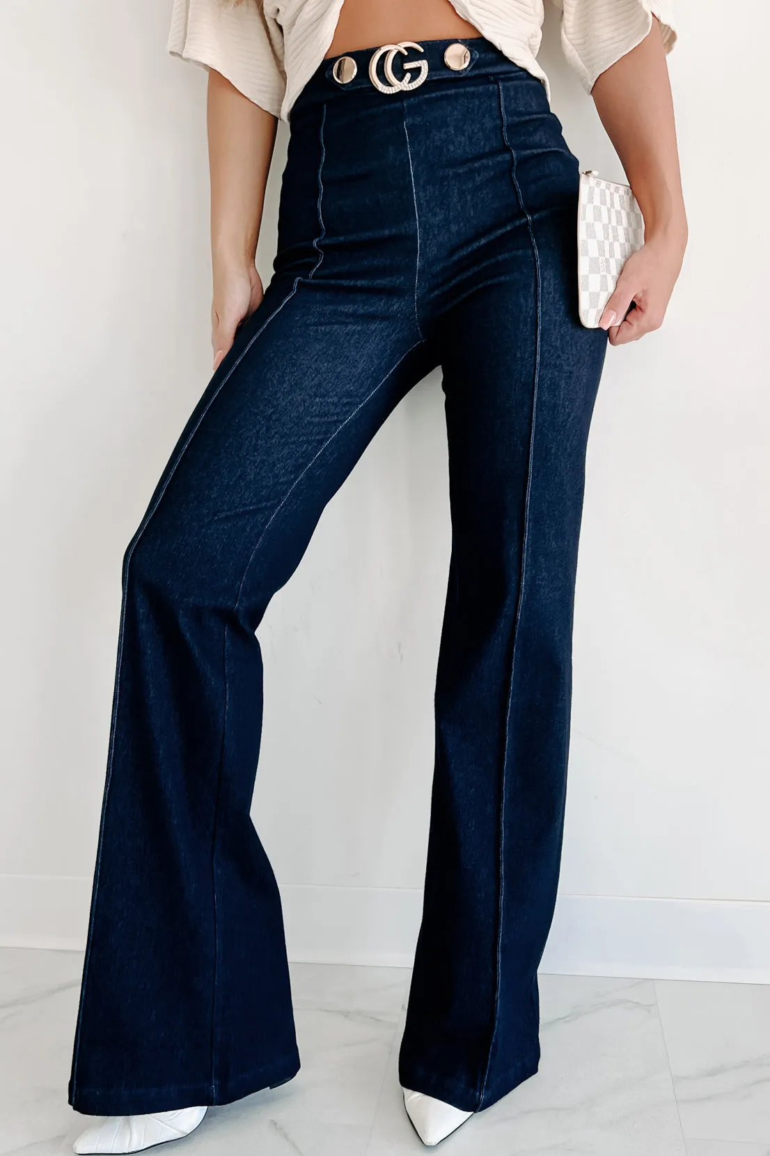 Talk To Me Belted Wide Leg Pants (Navy)