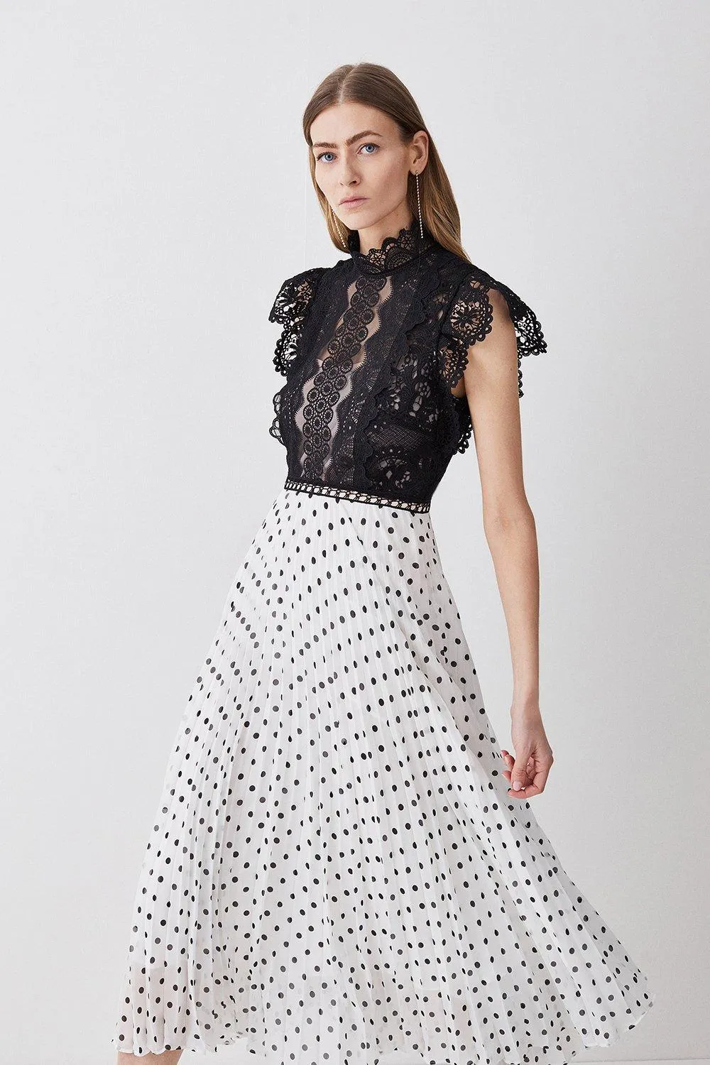 Tall Guipure Lace Dot Pleated Skirt Midi Dress | Karen Millen