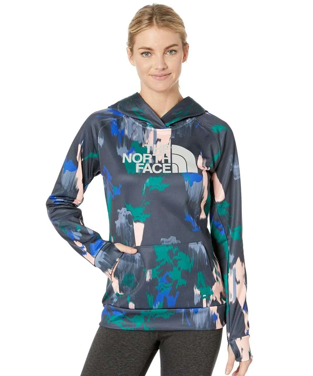 The North Face Women’s Fave Half Dome Pullover Hoodie Dazzling Blue Painted Feather Print / High Rise Grey