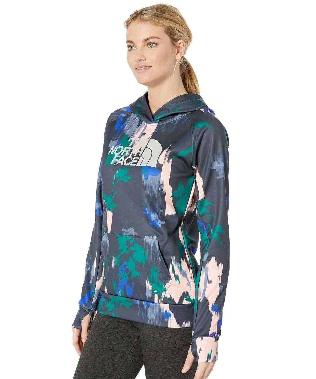 The North Face Women’s Fave Half Dome Pullover Hoodie Dazzling Blue Painted Feather Print / High Rise Grey