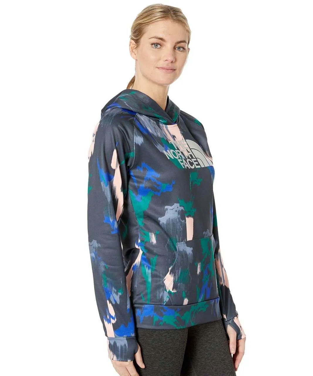 The North Face Women’s Fave Half Dome Pullover Hoodie Dazzling Blue Painted Feather Print / High Rise Grey